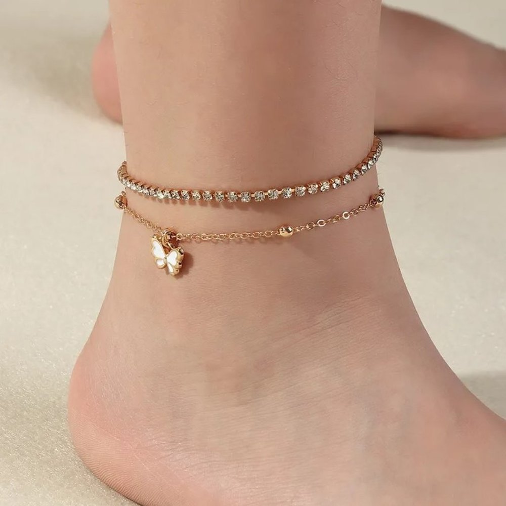 Butterfly Dangle Anklet Gold & CZ Diamonds Double Layer Butterflycore NEW